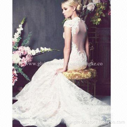 2014 New Wedding Dresses, Lace Crew Neckline, Sexy Open Sheer Back
